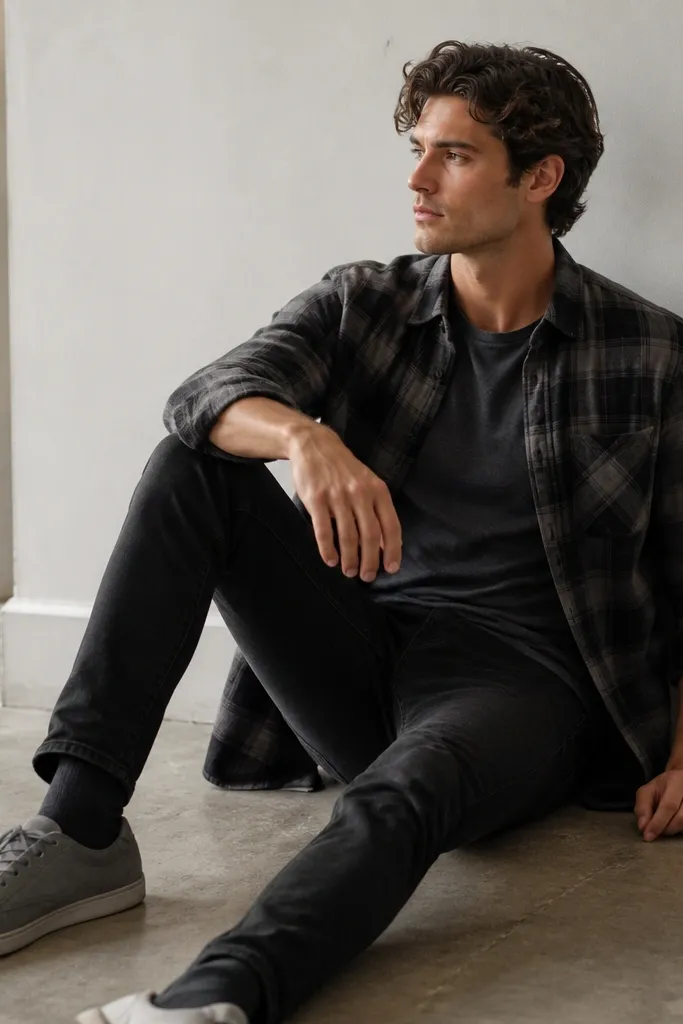 Black jeans with a charcoal crew-neck tee. A grey and black plaid flannel is worn open over the tee. Grey suede sneakers with low profile and dark socks.