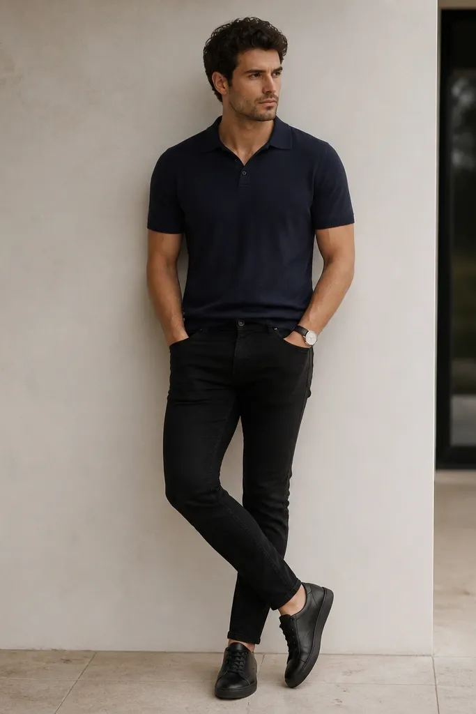 Black jeans paired with a navy knit polo shirt. The polo is untucked with a slight front tuck. Black leather sneakers and no-show dark socks. A minimal watch on the wrist.