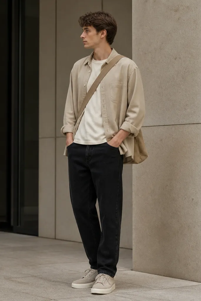 Black jeans with a loose sand-colored overshirt worn open. A cream slouchy T-shirt peeks underneath. Off-white suede sneakers and a canvas crossbody bag in tan.