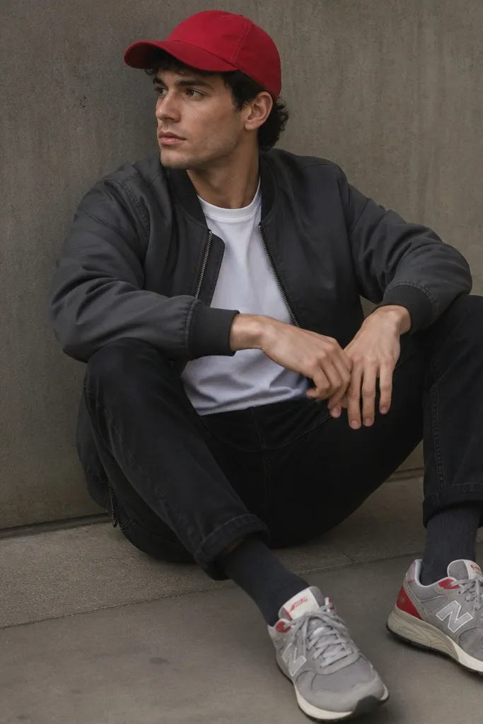 Black jeans with a crisp white crew tee. A charcoal bomber jacket worn zipped halfway. Sneakers are grey with red details. Dark socks and a red cap.