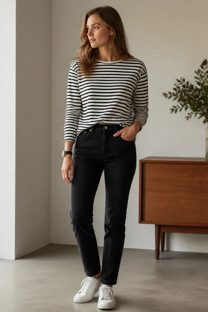 Black jeans with a black-and-white striped long-sleeve shirt. The shirt is tucked at the front and slightly loose at the back. White sneakers and a black leather watch strap.