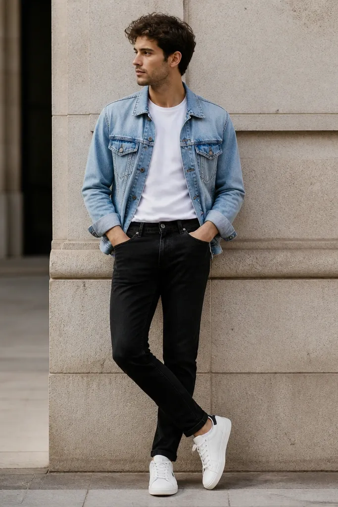 Black jeans with a tucked white tee and a light blue denim jacket. White sneakers with a simple logo. The jacket cuffs are rolled once.
