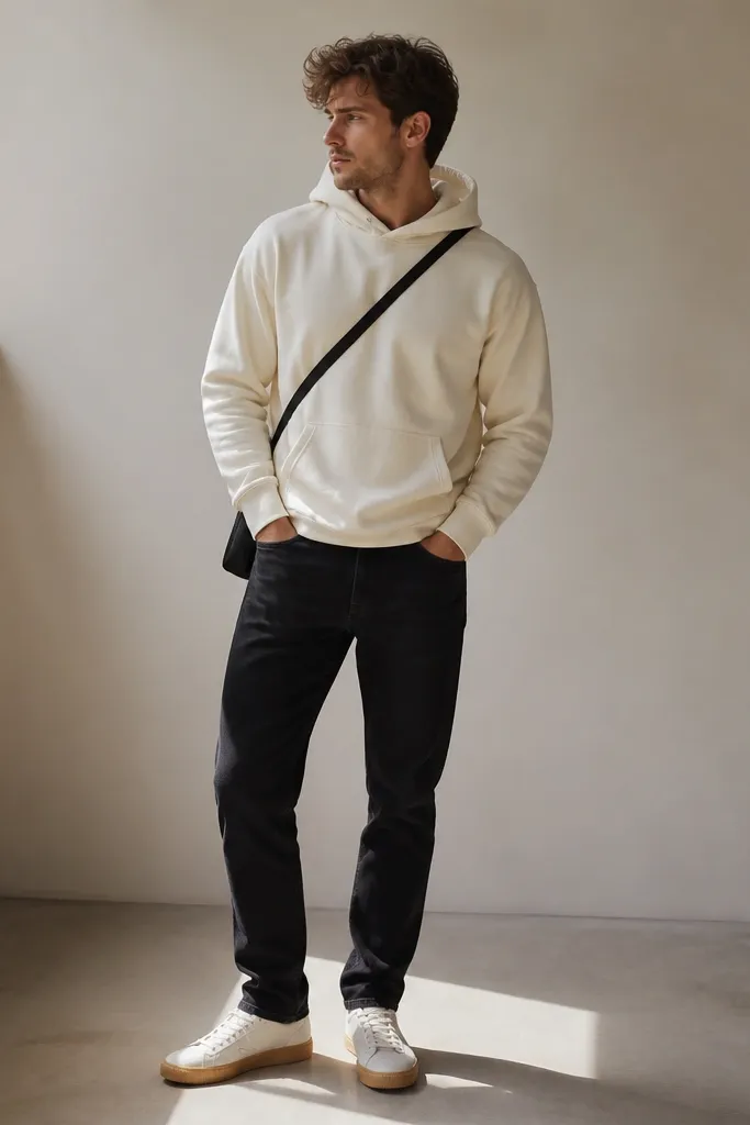 Black jeans with a cream hoodie. A thin black crossbody bag strap runs across the chest. Sneakers are off-white with a gum sole.