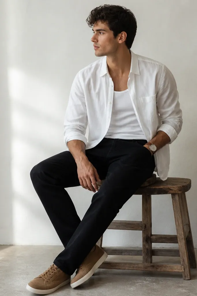 Black jeans paired with a white linen button-down shirt worn open over a white tank. Tan suede sneakers and a brown leather watch. The shirt is slightly wrinkled naturally.