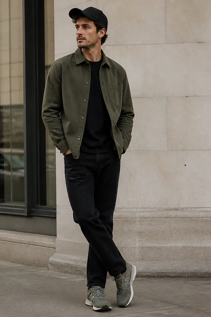 Black jeans with a black crew tee. An olive overshirt is worn buttoned halfway. Sneakers are olive and grey running style. A simple black cap.