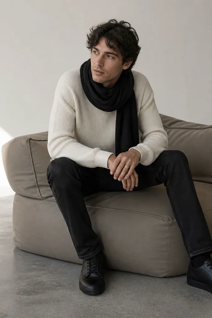 Black jeans with a cream knit sweater. A black scarf is wrapped loosely at the neck. Sneakers are black with a smooth leather finish. Minimal silver ring.