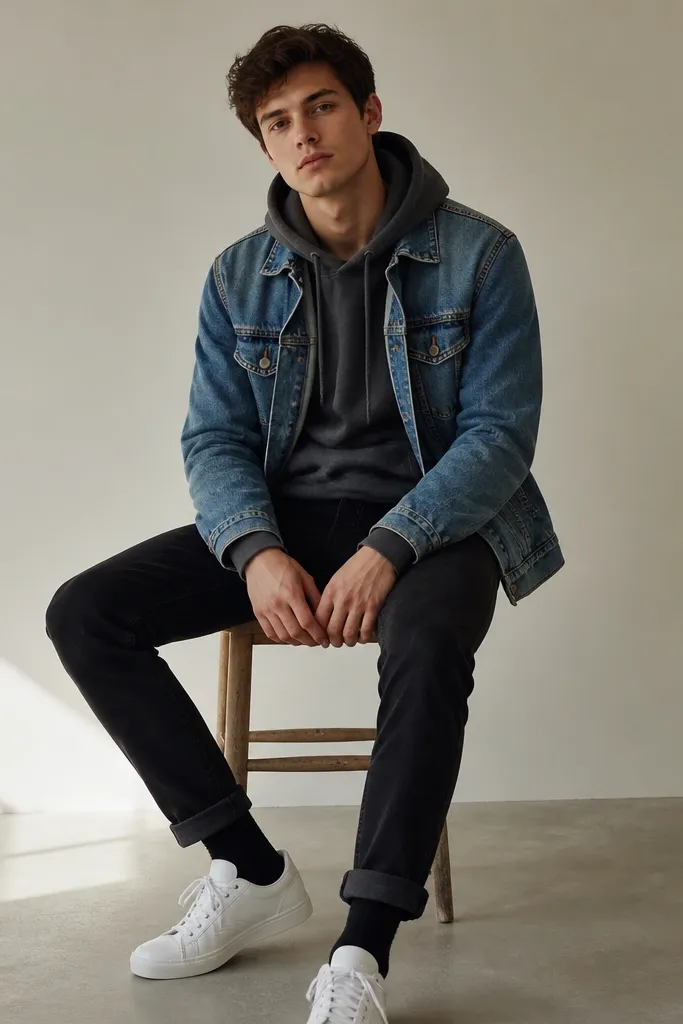Black jeans with a charcoal hoodie. A medium-wash denim jacket is worn over it. White sneakers and black crew socks. The hoodie strings hang naturally.