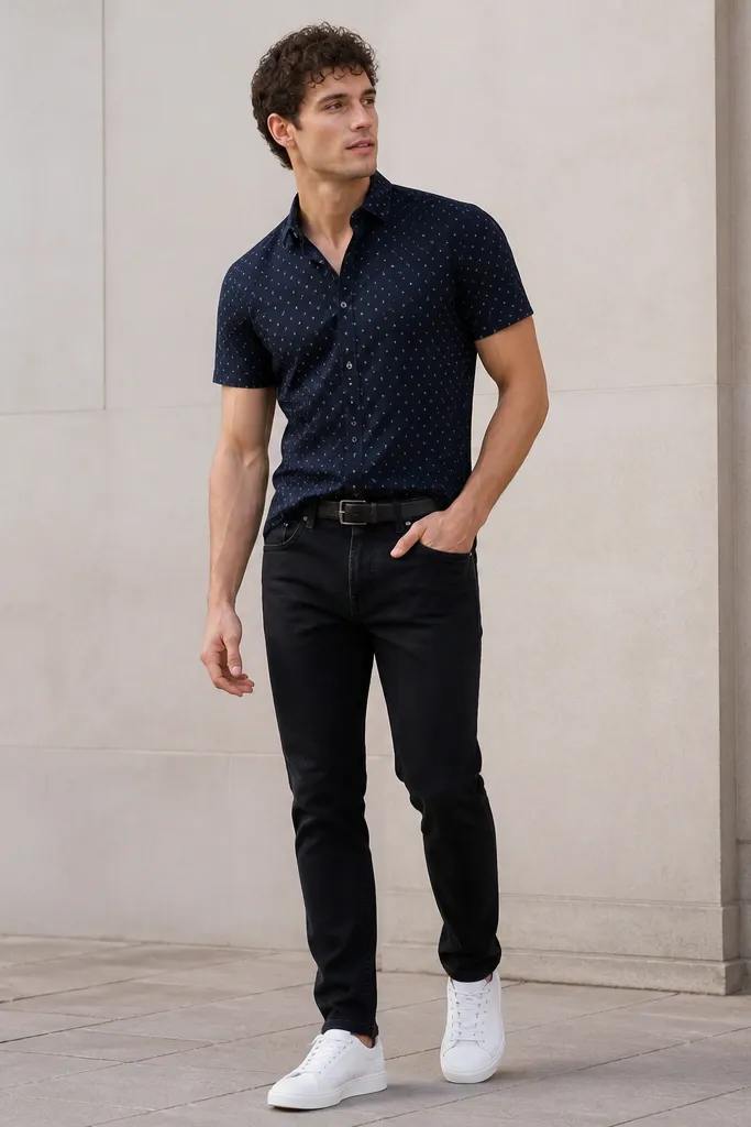 Black jeans with a short-sleeve shirt in navy with small white pattern. The shirt is tucked at the front. Clean white sneakers and a simple black belt.