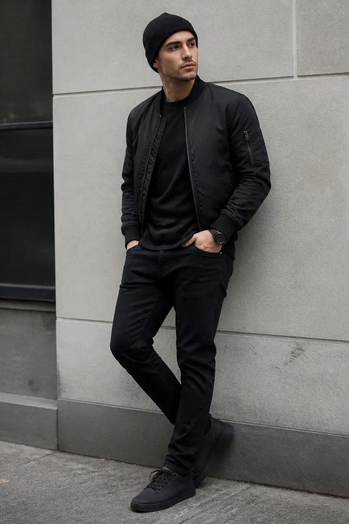 Black jeans with a matte black bomber jacket. A black crew tee under it. Sneakers are black with visible texture and a low profile. Black beanie and black watch.