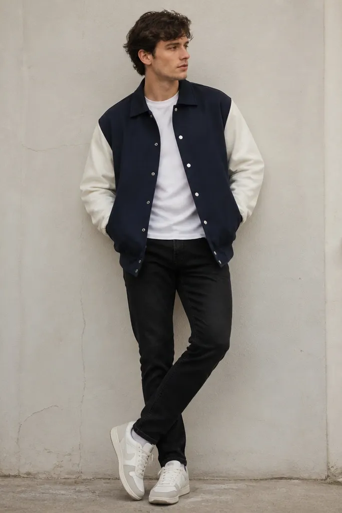 Black jeans with a navy coach jacket with white sleeves and a snap front. A plain white tee underneath. Retro-style white sneakers with grey trim.