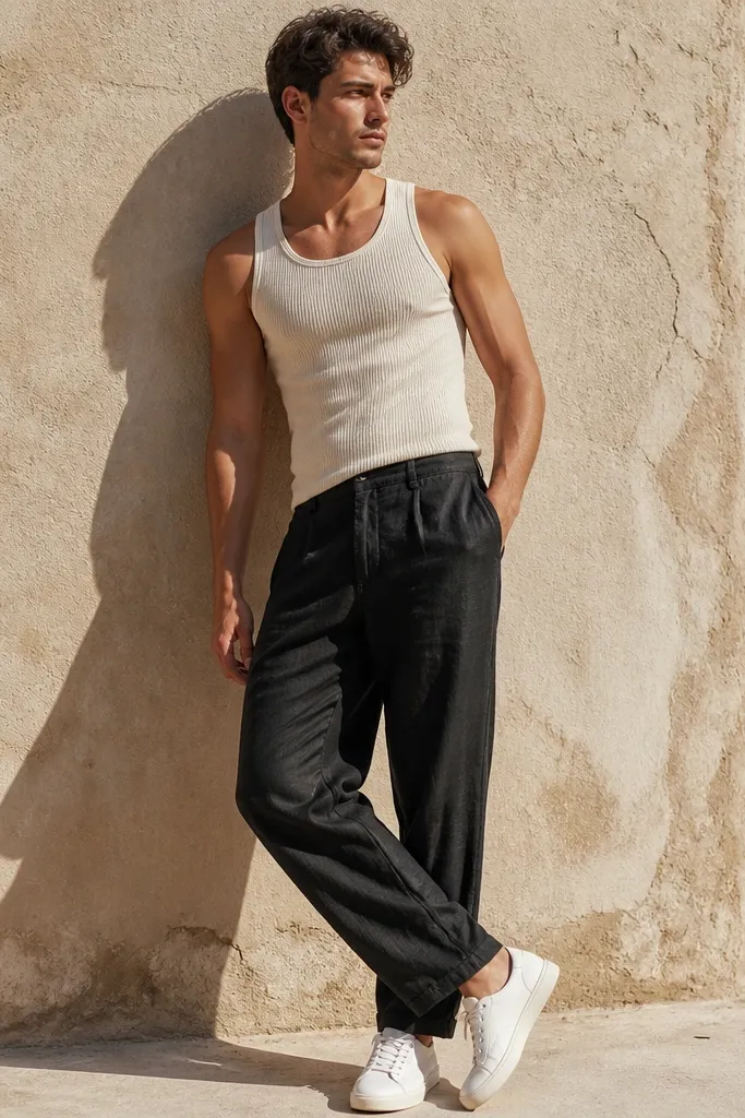 A person wears black linen pants with visible slub texture, a cream ribbed tank tucked neatly at the waistband, and clean white low-top sneakers with off-white soles. The outfit is photographed outdoors in bright light, showing natural wrinkles in the linen.