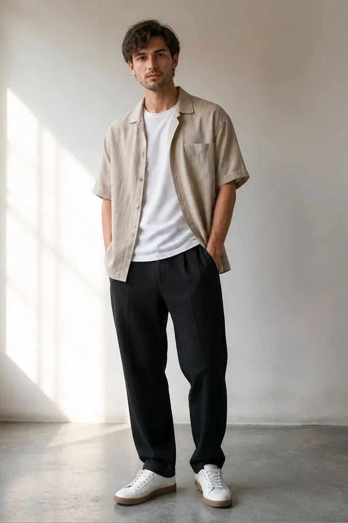 Black linen pants paired with an open sand short-sleeve linen button-up over a plain white crew-neck tee. The sneakers are white with gum soles. The photo shows the shirt draping loosely at the chest and falling to mid-hip.