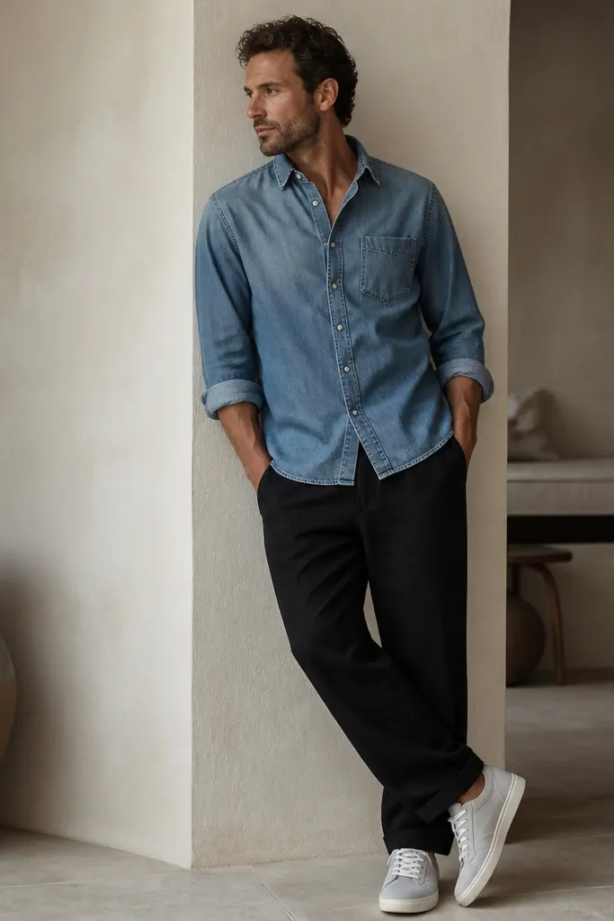 A faded-blue denim button-up is worn with sleeves rolled to mid-forearm over black linen pants. The sneakers are light gray and white with a low profile. The denim has a lived-in wash.
