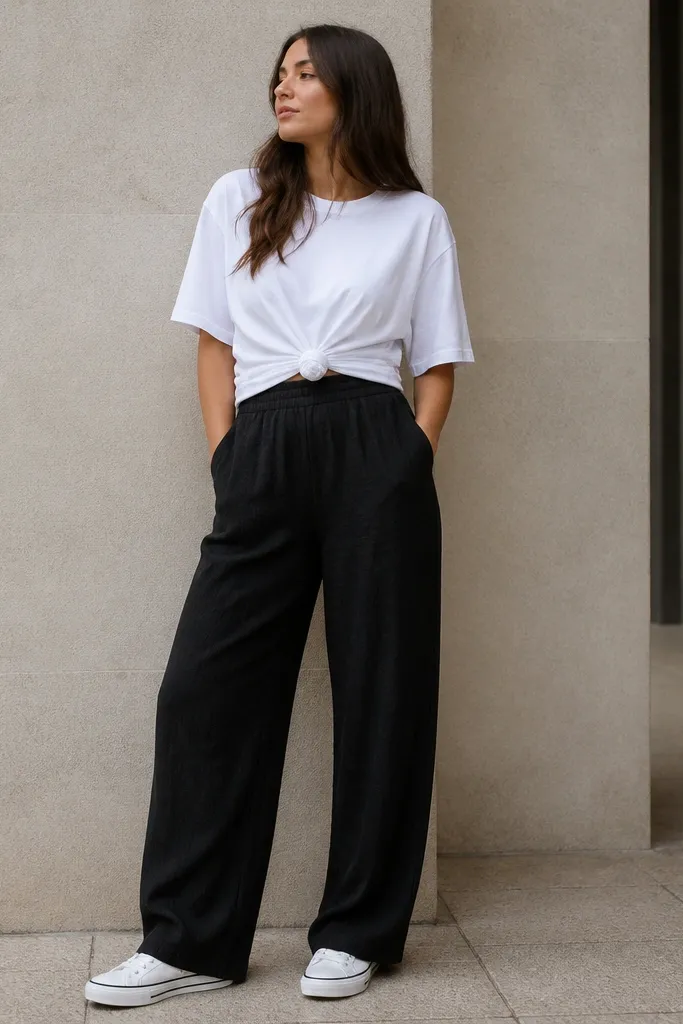 Black linen pants with a white oversized T-shirt knotted at the front waist. The knot sits above the waistband seam. Sneakers are white with a subtle black stripe. The photo shows a casual drape over the thighs.