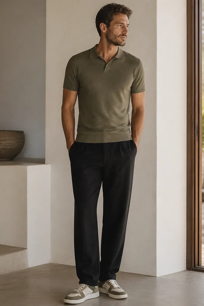 Black linen pants styled with an olive knit polo shirt that is fitted through the torso and has a clean collar. Sneakers are olive-and-white or neutral-toned. The photo shows the polo ending around mid-hip with no bunching.