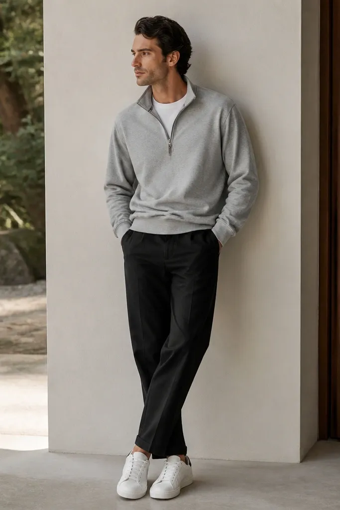Black linen pants with a heather-gray sweatshirt layered over a white crew-neck tee. The sweatshirt is worn half-open at the neck with the hem slightly untucked. Sneakers are white with a darker heel tab.