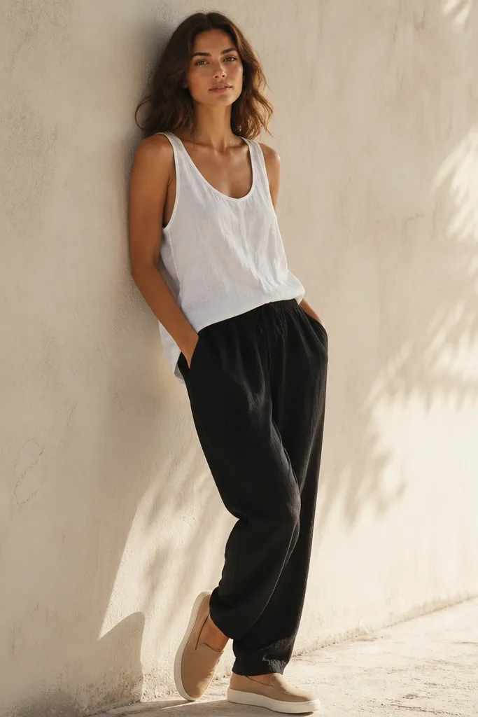 Black linen pants paired with a white linen tank top. Footwear is tan slide sneakers with a low profile. The outfit looks beachy, photographed near a wall with soft sunlight.