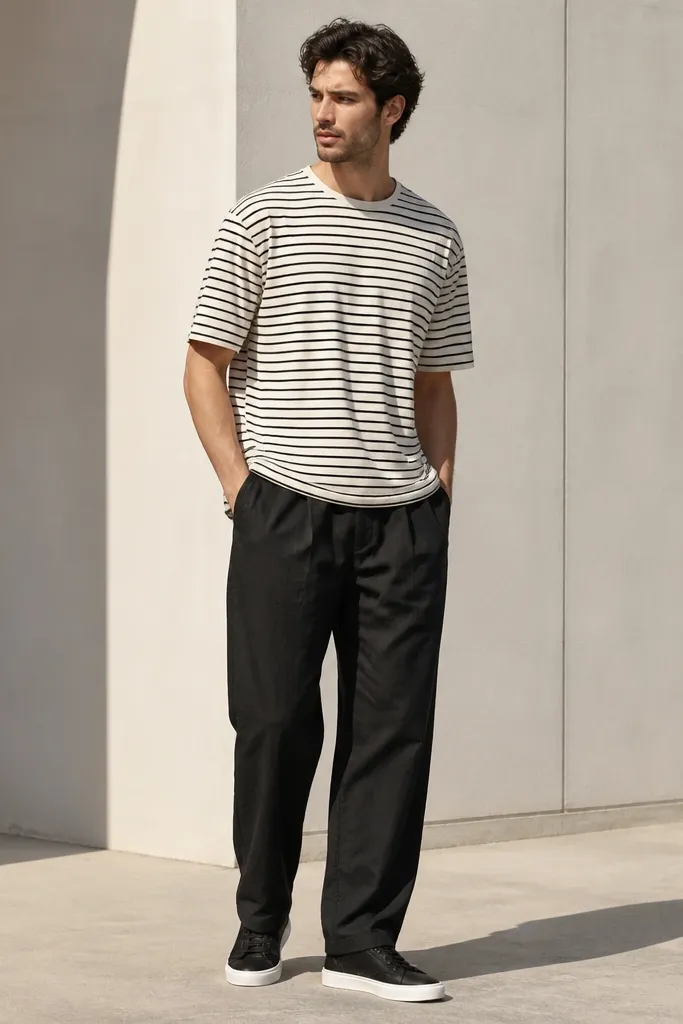 Black linen pants with a white-and-black horizontal striped T-shirt. Sneakers are black low-tops with white soles. The striping sits close at the shoulders and hangs loosely over the waistband.
