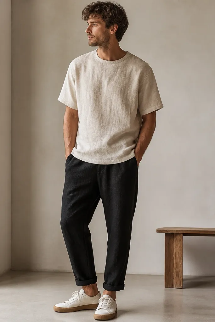 Black linen pants with a slightly rolled hem at the ankle, paired with a stone-colored linen tee. Sneakers are off-white with gum soles. The photo shows the hem texture and a relaxed ankle reveal.
