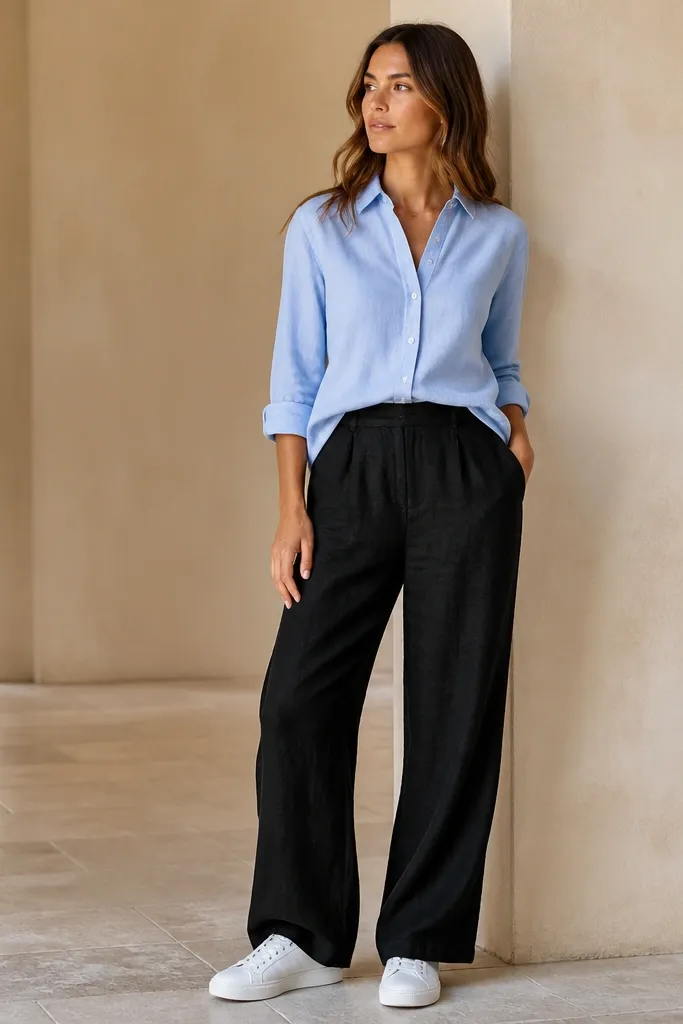 Black linen pants paired with a light blue button-down shirt tucked at the front. Sleeves are rolled to the forearm. Sneakers are white and clean. The shirt has a crisp collar and slightly relaxed body.