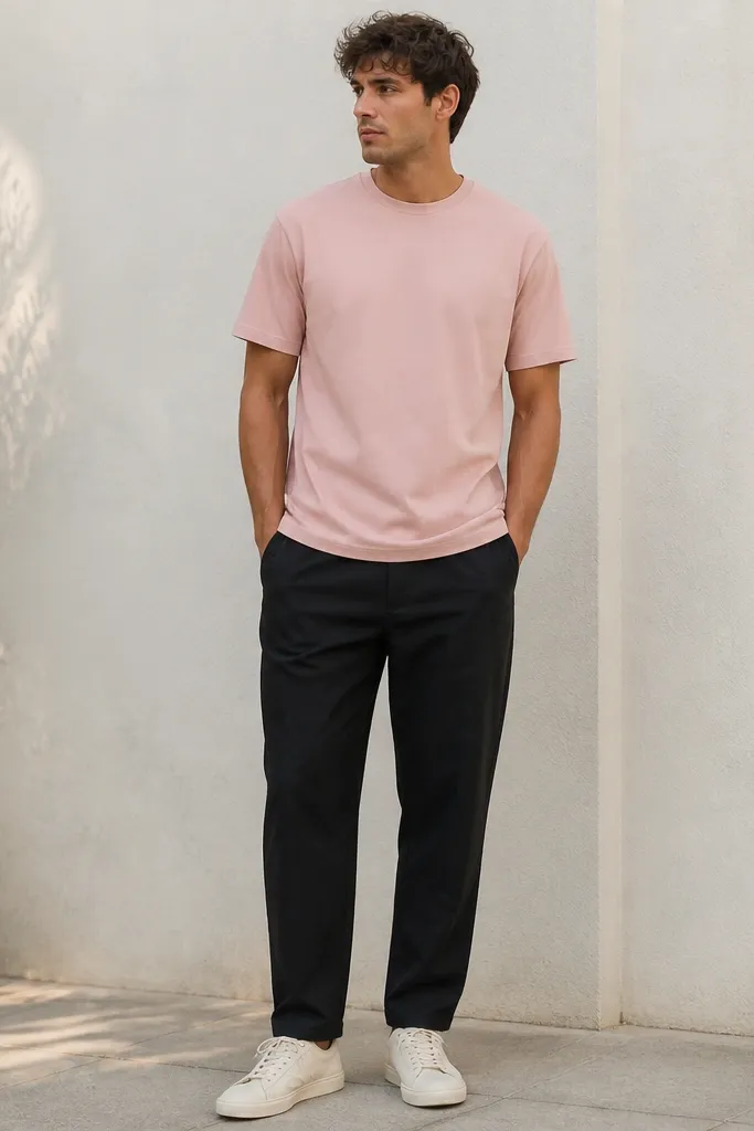 Black linen pants styled with a blush-pink T-shirt. Sneakers are cream trainers with subtle stitching. The outfit is photographed in natural light with the tee hanging straight and relaxed.
