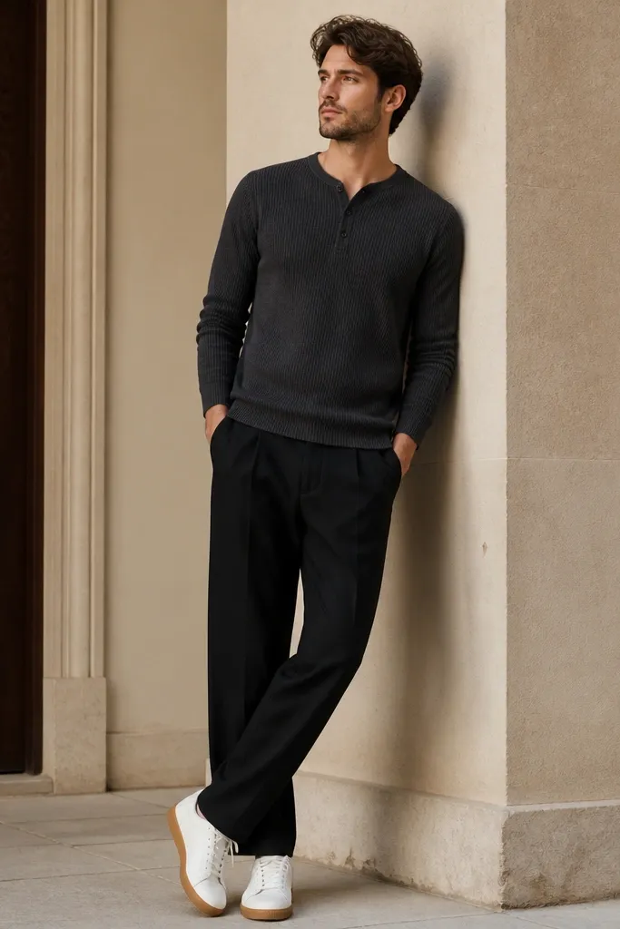 Black linen pants with a charcoal ribbed henley shirt. The henley has two or three buttons and a slightly fitted look. Sneakers are white with a gum sole. The photo shows the henley collar sitting flat.