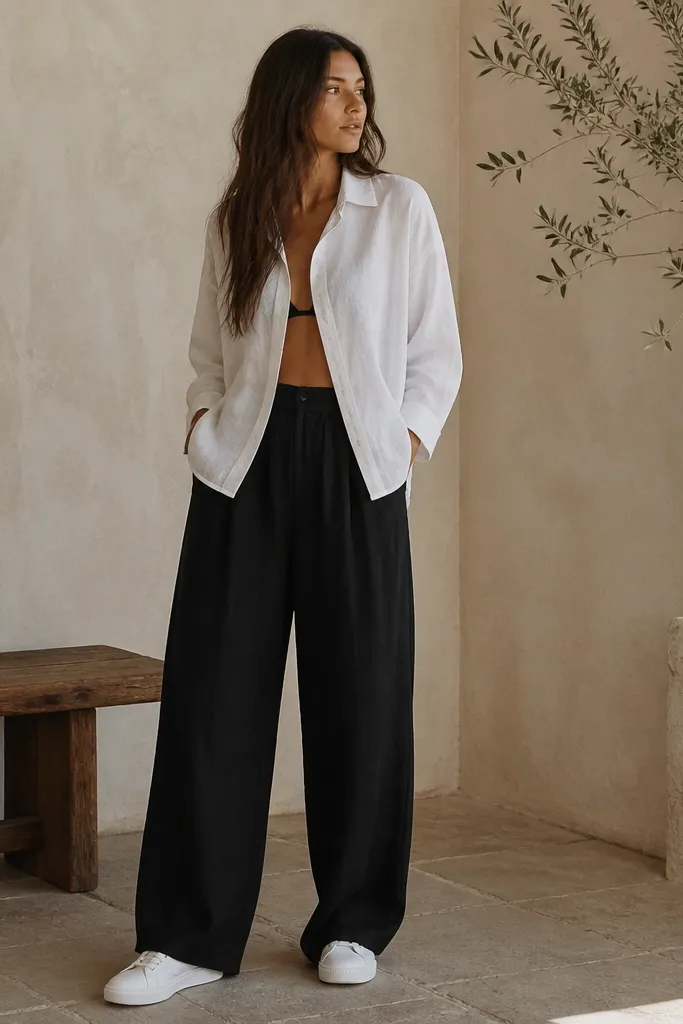 Black linen pants with a white oversized button-up worn half-open like a short jacket. The hem lands around the mid-hip. Sneakers are white with minimal side panels.