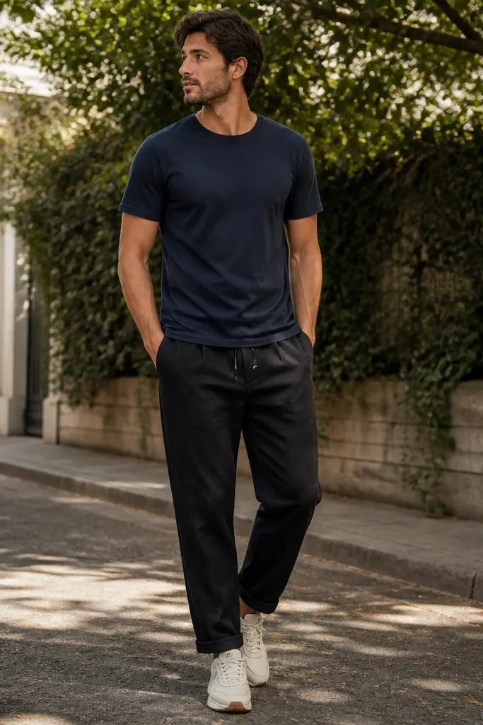 Black linen pants paired with a navy cotton tee. Sneakers are off-white retro runners with thicker soles and side panel detailing. The outfit looks casual and sporty in outdoor daylight.
