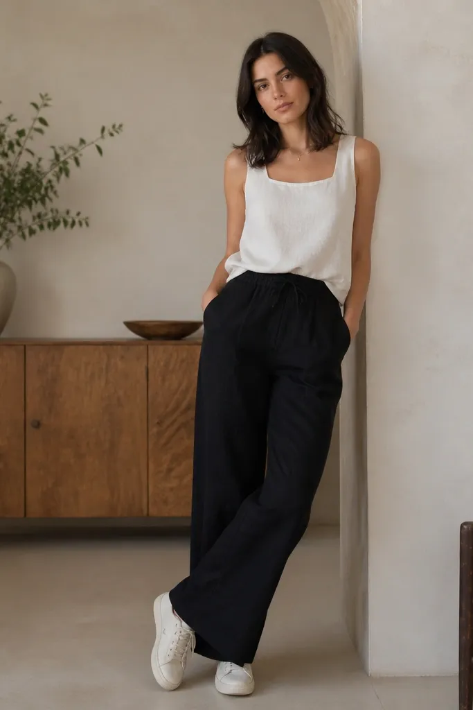 Renter-friendly black linen pants outfit with sneakers