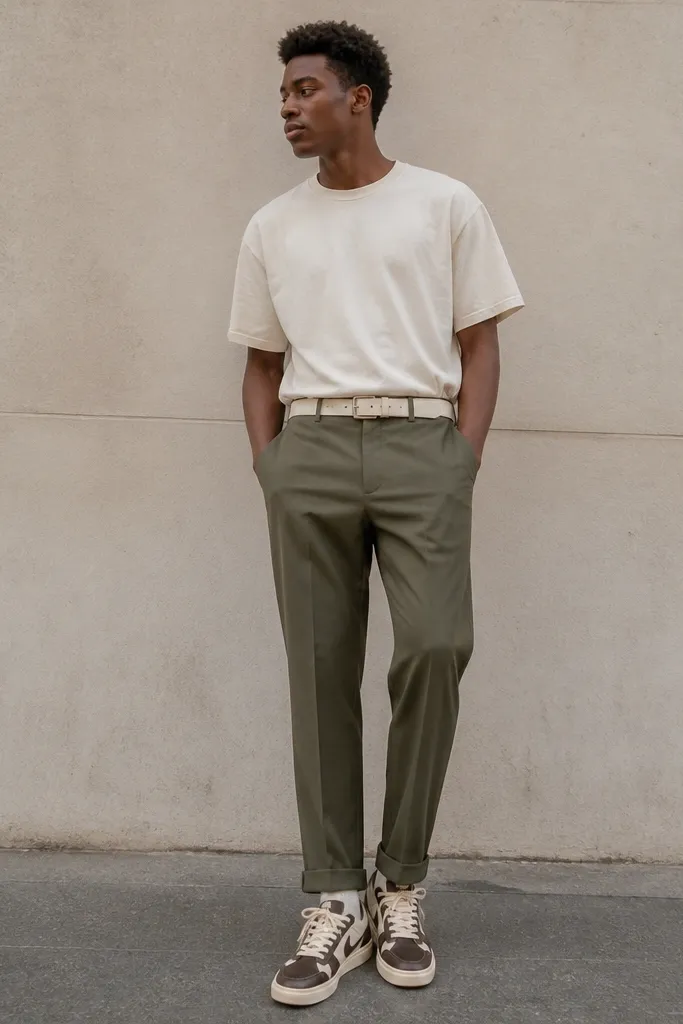 A model wearing a cream heavyweight T-shirt tucked into olive green chinos, a white leather belt, and light-wash jeans-style socks. Travis Scott-style sneakers in brown/cream tones sit under the hem with a slight cuff. Background is a simple street wall, outfit looks crisp and minimal.