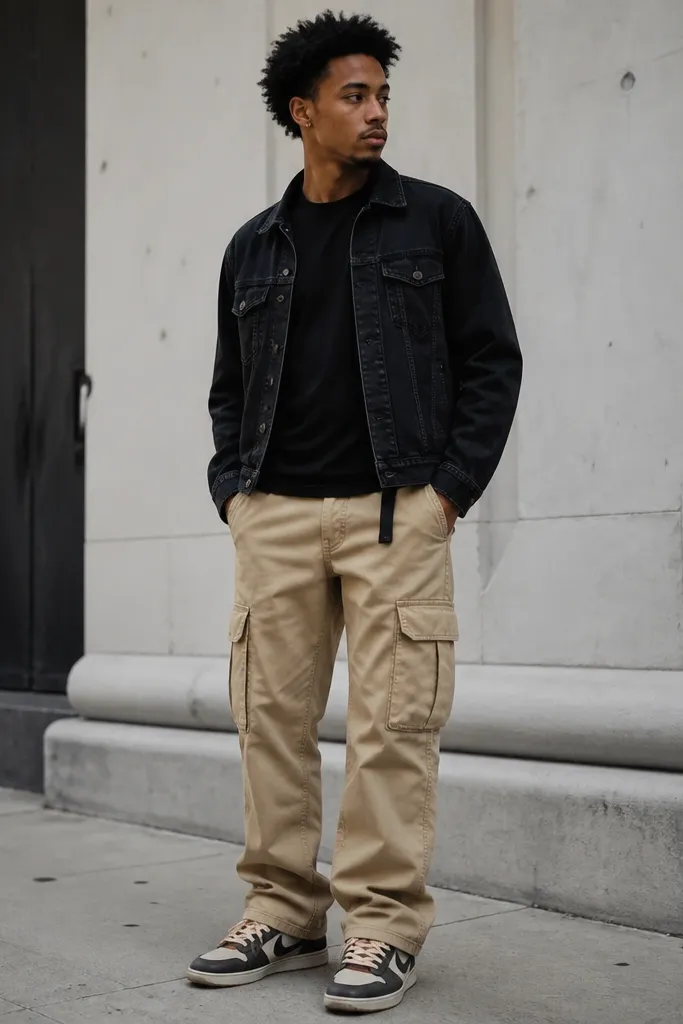 A street-style shot of a black denim jacket worn over a black graphic-free tee, paired with tan cargo pants that have visible pockets. The pants are hemmed so they break slightly over the sneakers. Travis Scott-style sneakers show brown suede and cream laces.
