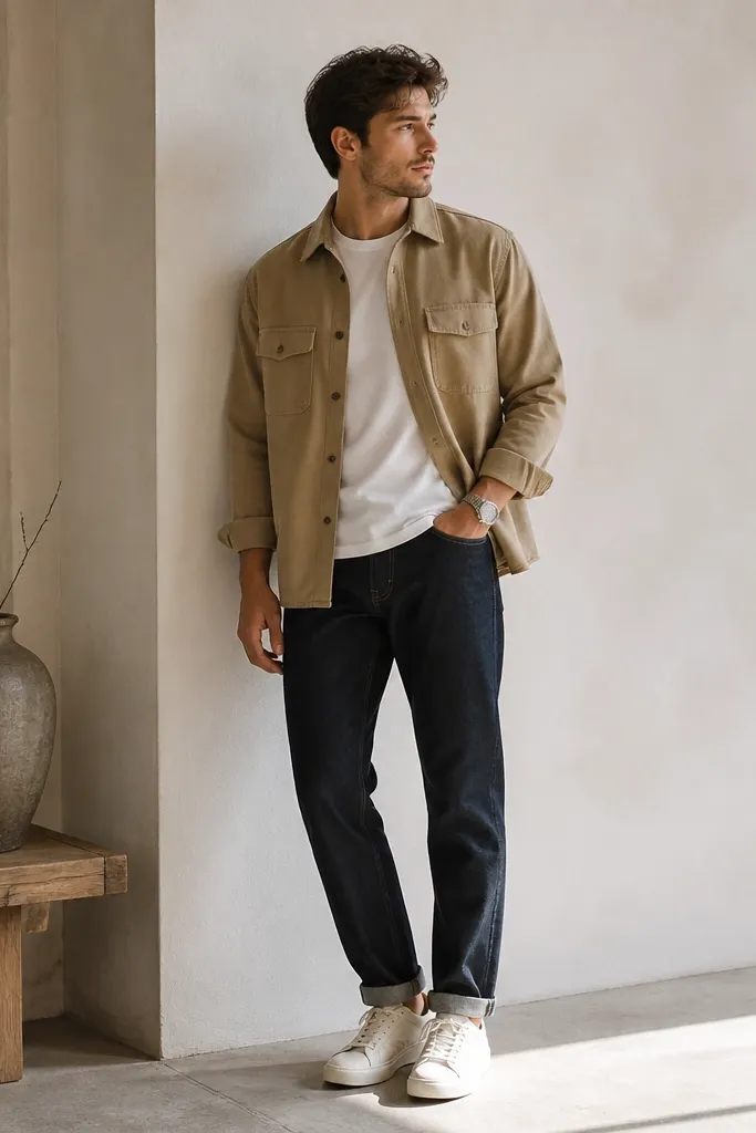 A sand-colored overshirt layered over a plain white tee, paired with dark indigo jeans. The model wears a low-profile metal watch and the sneakers are clearly visible with cream laces. Hem is slightly cuffed, showing the shoe shape.