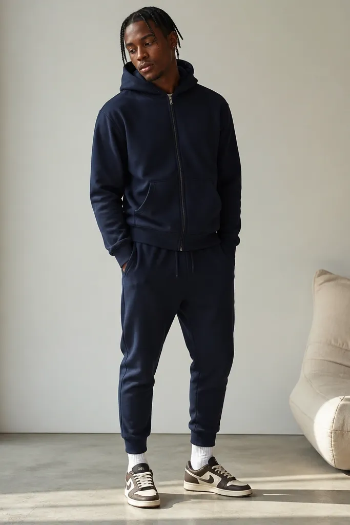 A navy tracksuit set with a zip hoodie and matching joggers. The joggers end just above the shoe with a slight taper. Travis Scott-style sneakers sit under the cuffs and white crew socks are visible.
