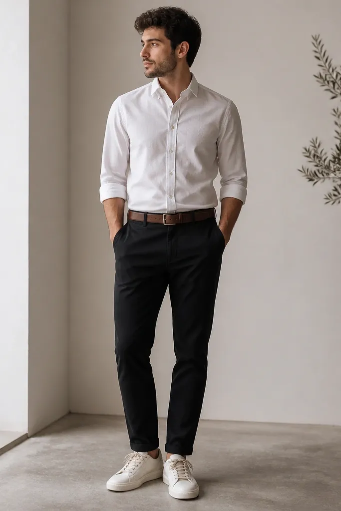 A crisp white button-down shirt worn tucked into black tapered pants. A brown leather belt is centered and the sneakers appear with cream laces. The shirt sleeves look neatly rolled and the hem is straight.