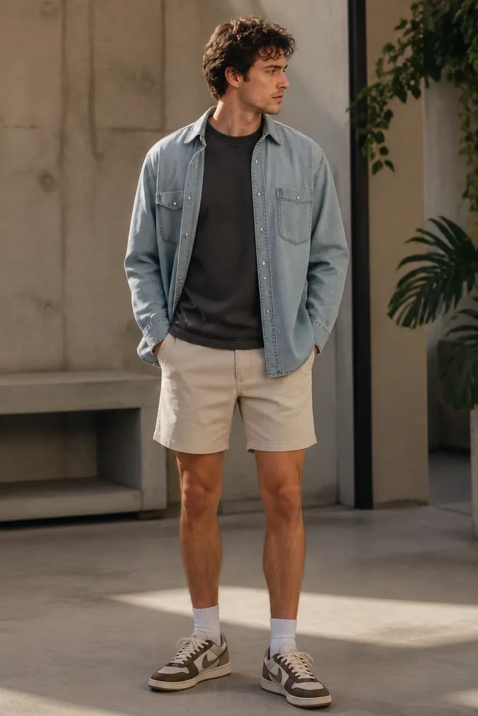A summer outfit with a charcoal crew tee under a light-wash denim overshirt. The shorts are light khaki and sit mid-thigh. The model wears Travis Scott-style sneakers and the overshirt is left open.