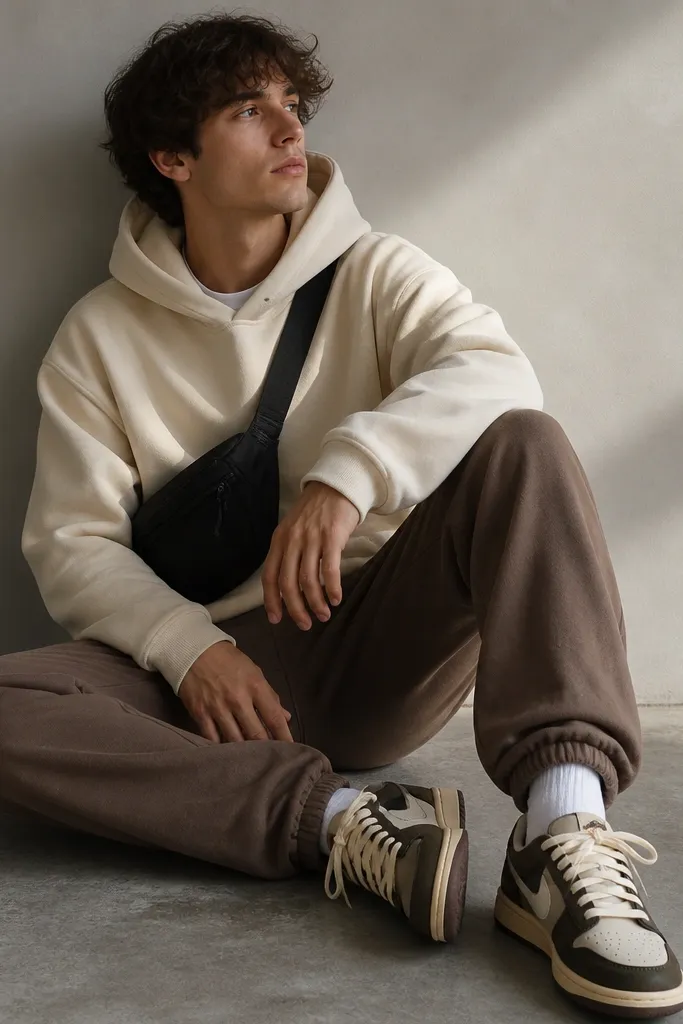 A cream hoodie worn with mocha brown sweatpants. A black crossbody bag sits across the chest. Travis Scott-style sneakers are centered, with cream laces visible and the sweatpants slightly cuffed.
