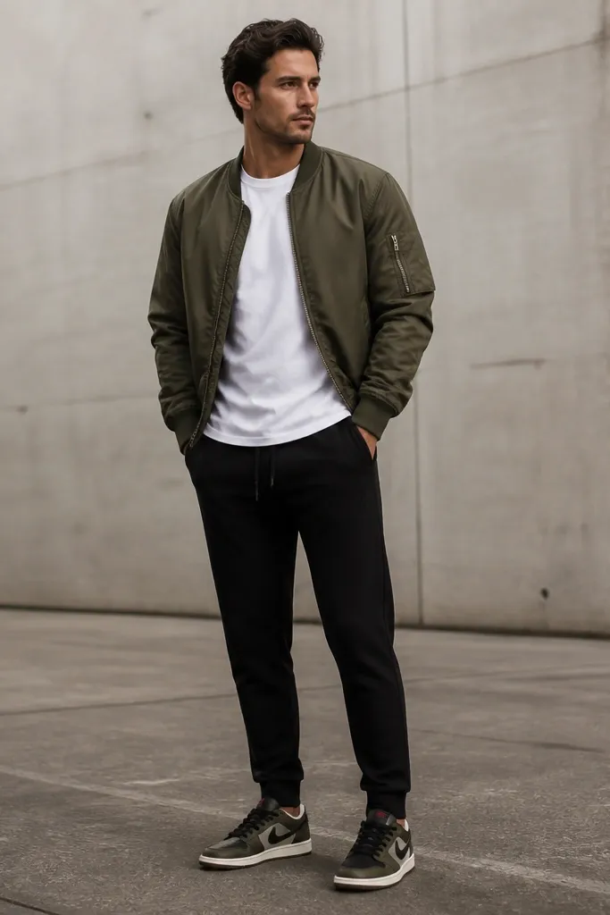 An olive bomber jacket worn over a white tee with black joggers. The bomber ribbed cuffs sit tight at the wrists. The model wears Travis Scott-style sneakers, and the joggers end with a clean taper over the shoe.