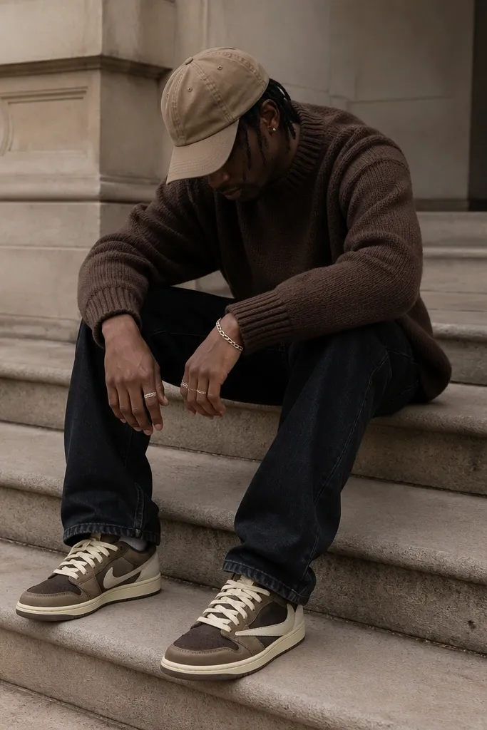 A brown knit sweater layered over dark straight jeans. A tan cap sits low on the head. Travis Scott-style sneakers are visible with cream laces and brown suede panels.