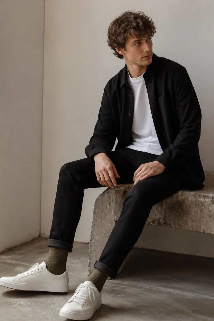 A black overshirt worn open over a white tee. Olive green socks peek above the sneakers. The pants are black slim jeans with a small cuff.