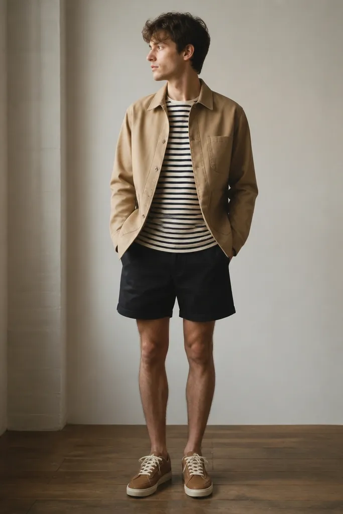 A striped long sleeve shirt under a tan chore jacket. Dark shorts sit mid-thigh, and the sneakers are centered with brown suede and cream laces. The jacket buttons are left open.
