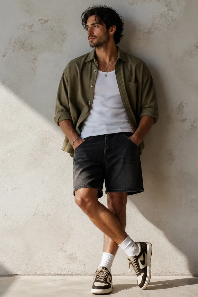 A white tank top layered under an olive overshirt. Black denim shorts show slight fading. Travis Scott-style sneakers sit with the overshirt sleeves rolled.