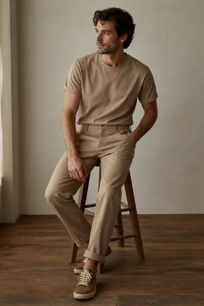 A monochrome tan outfit: tan tee and tan pants, with the sneakers clearly showing cream laces and brown suede. The pants are slightly cuffed and the tee is tucked.