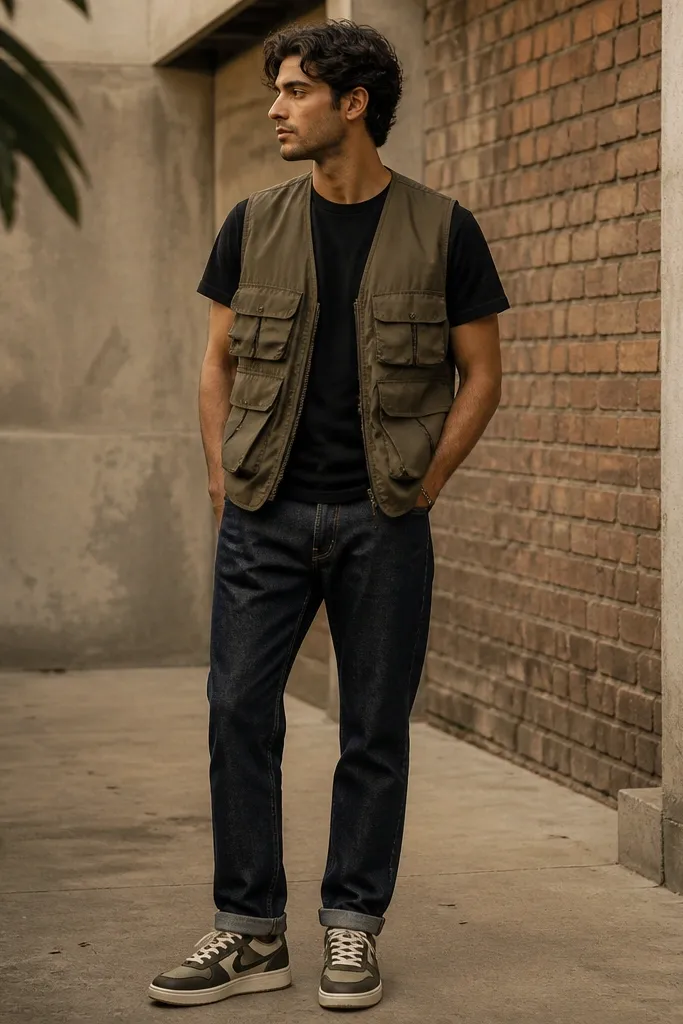 A black tee under an olive utility vest with multiple pockets. Straight jeans are worn with a slight cuff, and Travis Scott-style sneakers show brown suede and cream laces.
