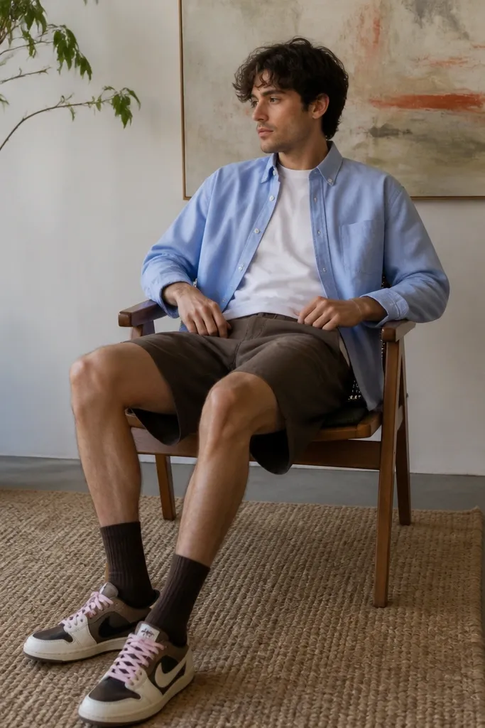 A light blue oxford button-down worn open over a plain tee, paired with brown chino shorts. Brown crew socks and Travis Scott-style sneakers are shown clearly.
