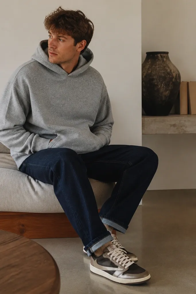 A heather gray hoodie worn with navy jeans. Socks are a muted tan or suede-like color. Travis Scott-style sneakers are visible under a slight cuff.