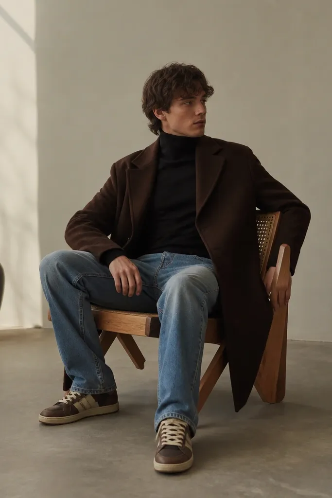 A black turtleneck under an espresso-brown overcoat. Slim jeans are worn with a slight break at the shoe. Travis Scott-style sneakers show brown suede and cream laces.