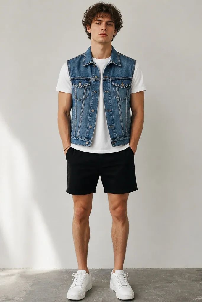 A white tee under a blue denim vest. Black shorts are worn with the sneakers centered. The vest has visible seams and the model keeps the outfit clean with minimal accessories.