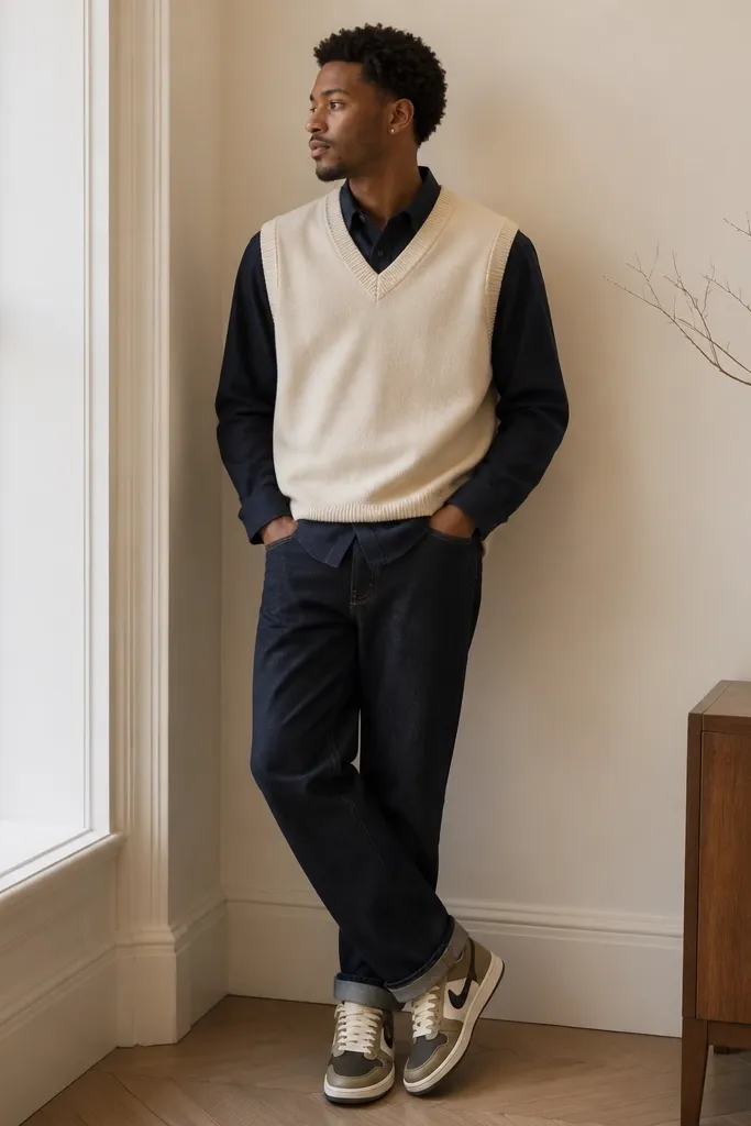 A cream sweater vest layered over a navy button-up shirt. Dark jeans are worn straight with a cuff. Travis Scott-style sneakers are visible and the laces look clean and centered.