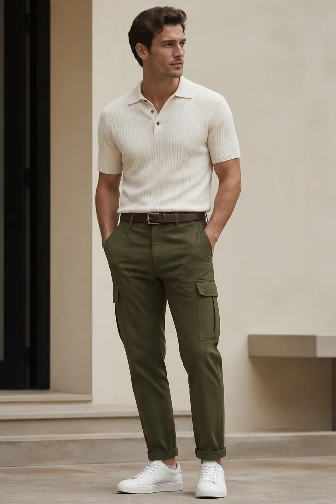 A man wearing olive green cargo pants with a cream ribbed knit polo. He pairs it with white leather low-top sneakers and a thin brown belt. The shirt is tucked with a clean belt line; the pants have visible cargo pockets and a tapered ankle.