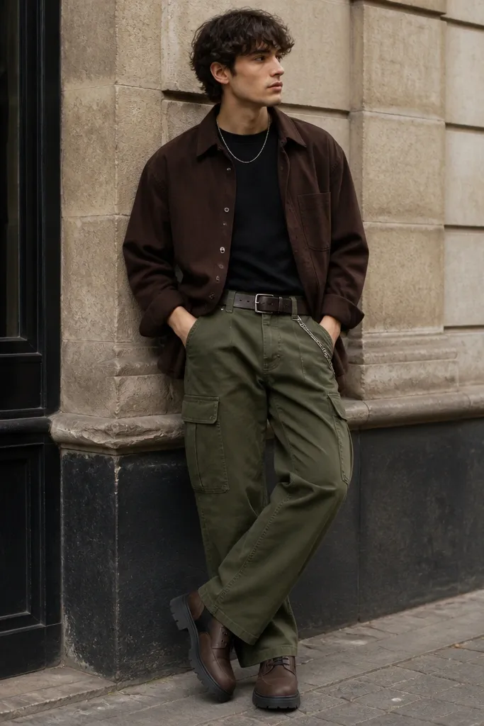 A streetwear look: olive cargo pants with a black crew-neck tee under a chocolate brown overshirt. The overshirt has button closures and a slightly boxy fit. Footwear is black-and-brown boots with a matte finish; a dark belt and a simple chain are visible.